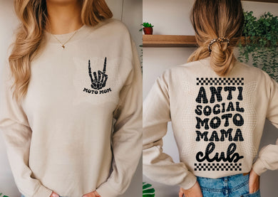 Moto Mom (On Left Chest) - Anti Social Moto Mom Club (On Back)