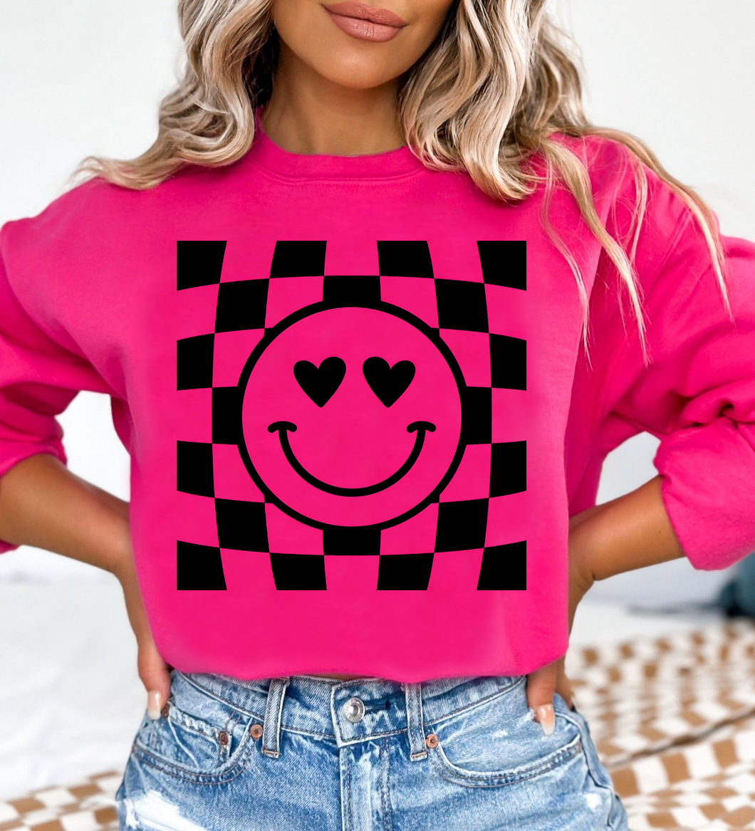 Smiley Face Checkered Background - Valentine - Black Ink