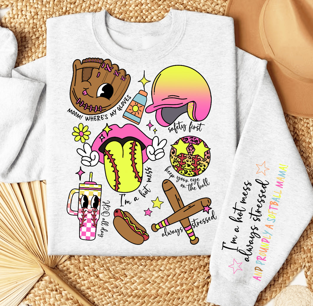 Softball Dazed (Full Front) Hot Mess Mama - Design 2 (On Sleeve)