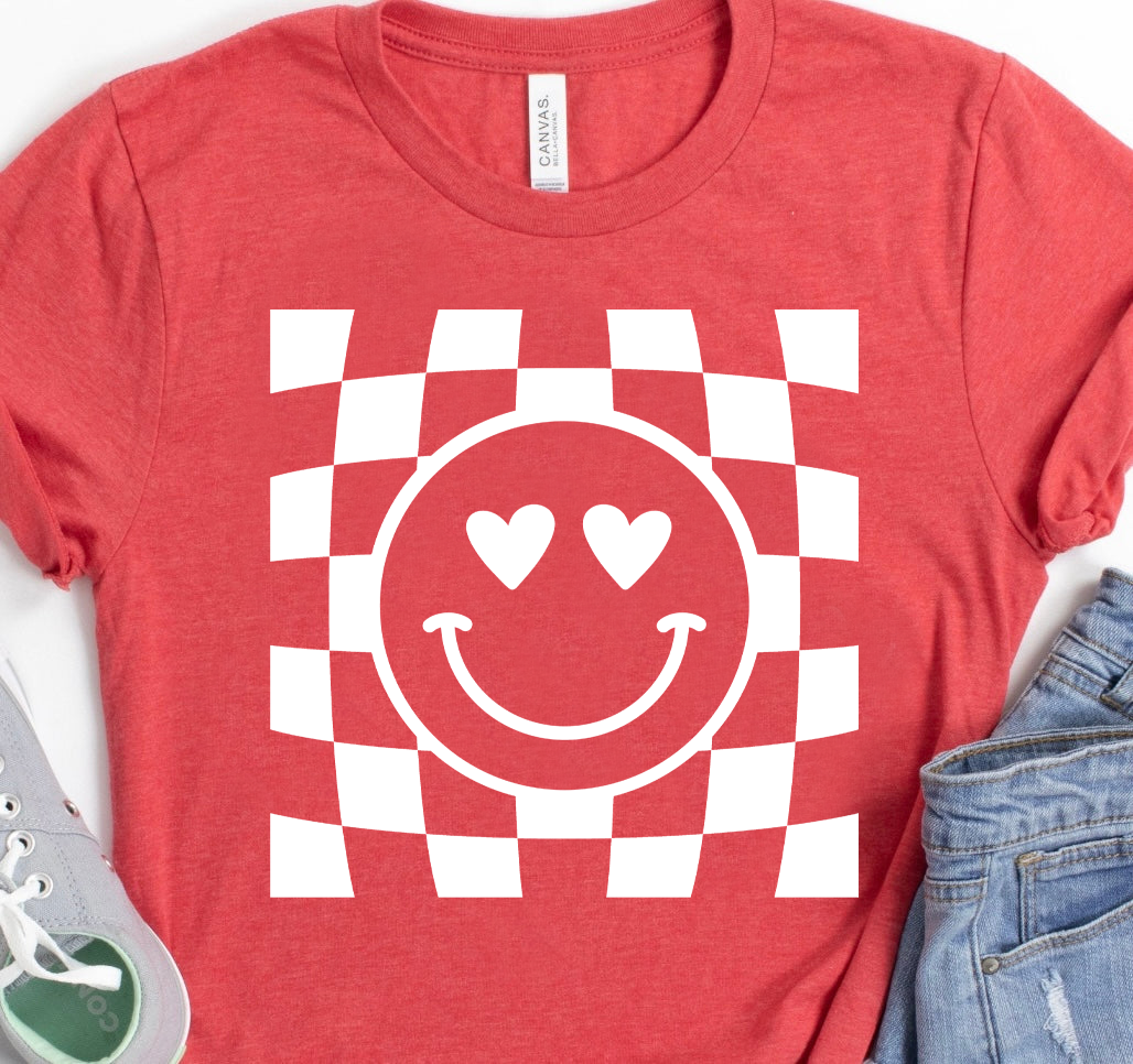 Smiley Face Checkered Background - Valentine - White Ink