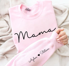Load image into Gallery viewer, Mama - Design 2 (Cursive) (Full Front) Kids Names (On Sleeve) - Puff Print