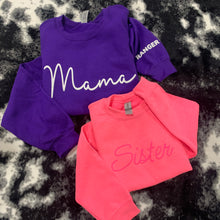 Load image into Gallery viewer, Mama - Design 2 (Cursive) (Full Front) Kids Names (On Sleeve) - Puff Print