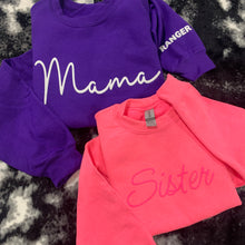 Load image into Gallery viewer, Mama - Design 2 (Cursive) (Full Front) Kids Names (On Sleeve) - Puff Print