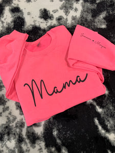 Mama - Design 2 (Cursive) (Full Front) Kids Names (On Sleeve) - Puff Print