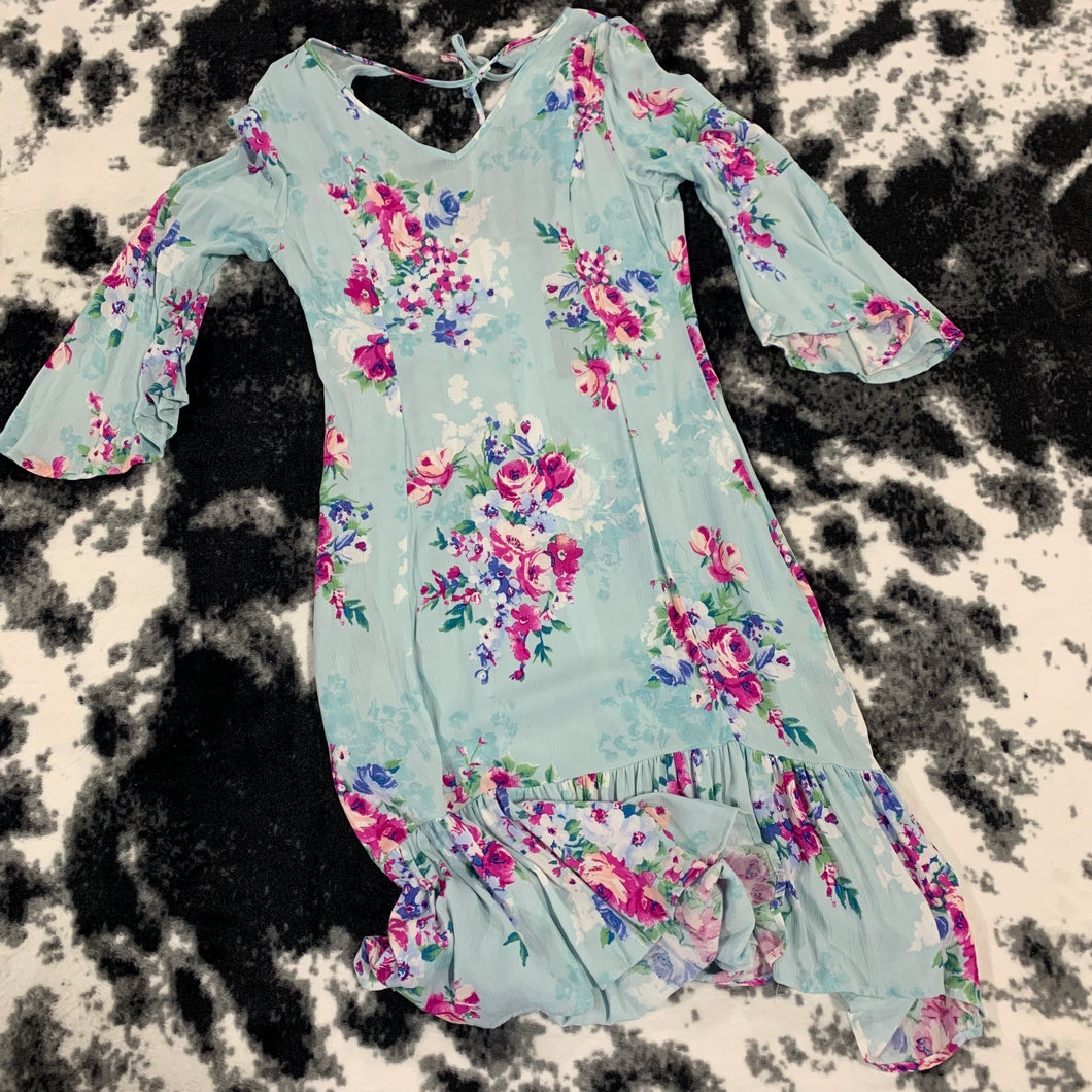 327 - Light Blue Floral Tie Back Dress - Size S