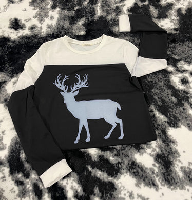 329 - Black & White Top With Deer Print - Size S