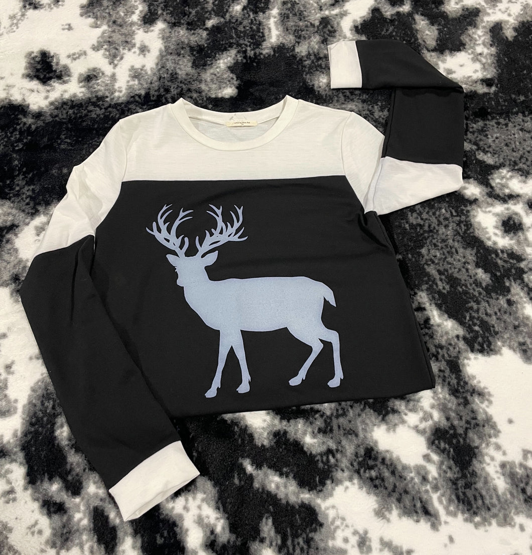 329 - Black & White Top With Deer Print - Size S