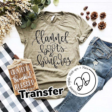 Flannel Boots & Bonfires - Black Ink - Screen Print Transfer - Sublimation Transfer - DIY - Graphic Tee