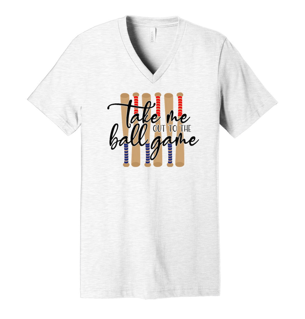 Take Me Out To The Ball Game (red & blue bats) - Ash Grey V-Neck