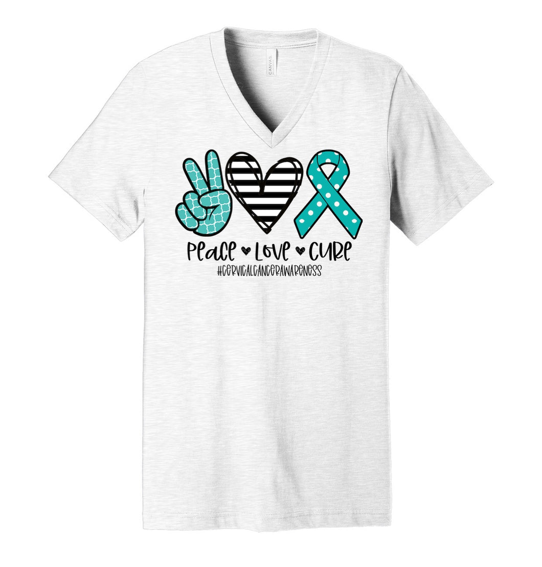 Peace. Love. Cure. #CervicalCancer (turquoise polka dots) - Ash Grey V-Neck