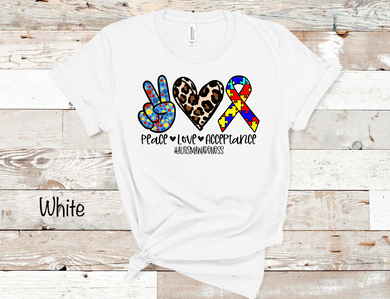 Peace. Love. Acceptance. #AutismAwareness W/ Leopard - White Tee