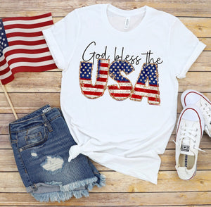 God Bless The USA w/ American Flag & Gold Glitter Print
