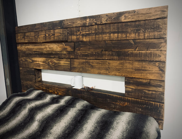 Rustic Barn Wood Bed Headboard - Hanging Headboard - with Shelf