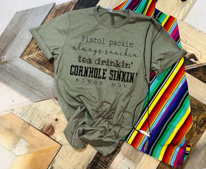 Pistol Packin' Always Snackin' “MULTI” Drinkin' Cornhole Sinkin' Kinda Mom - Black Ink