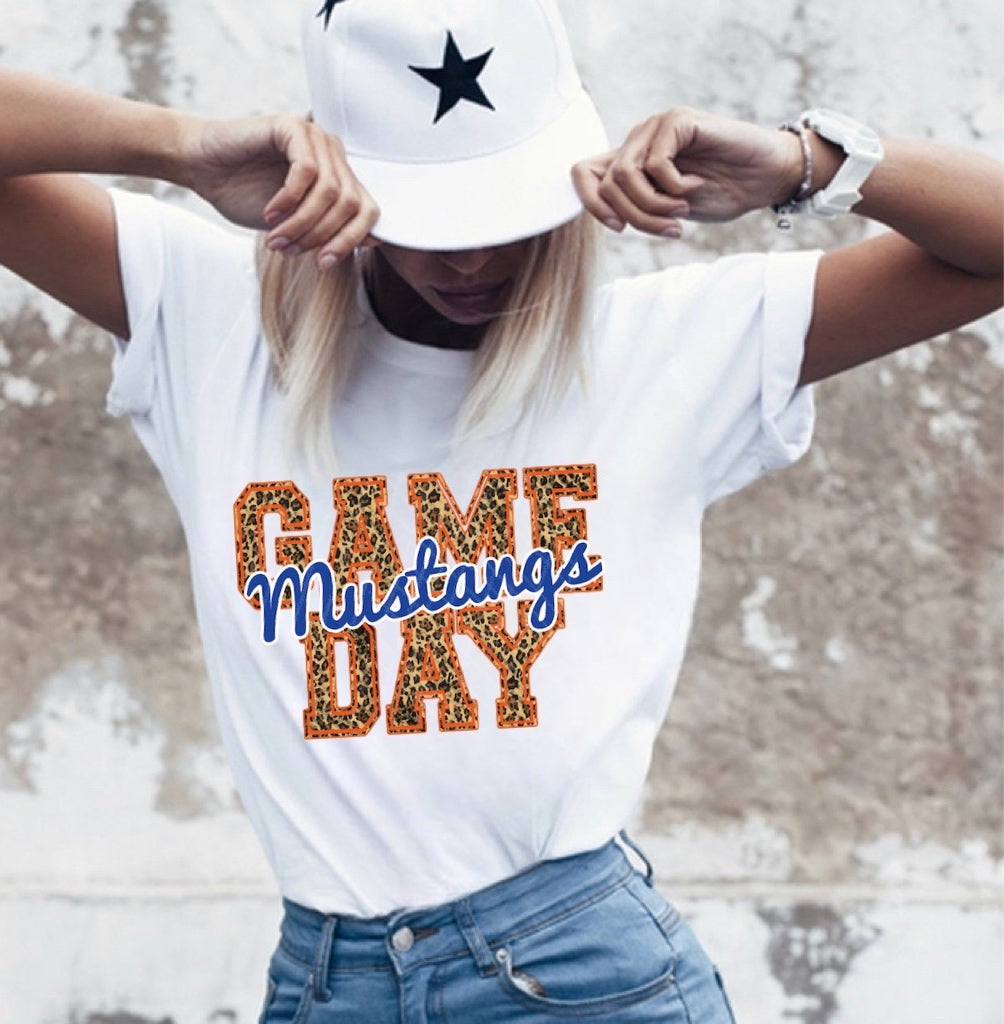Mustangs Game Day w/ Blue & Orange Leopard Print - 13 Color Options