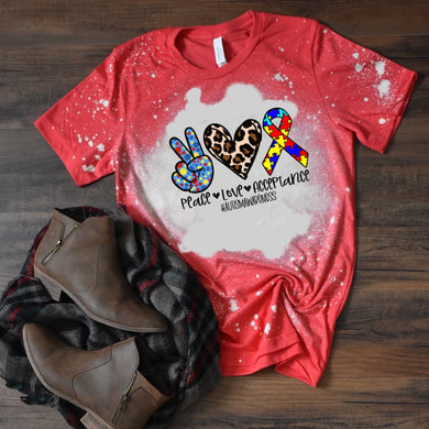 Peace. Love. Acceptance. #AutismAwareness W/ Leopard - Acid Wash Red Tee