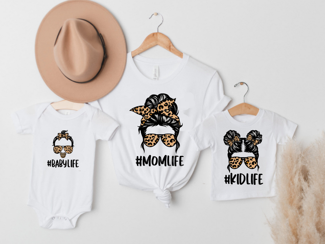 Mommy & Me - Mom Life / Kid Life / Baby Life w/ Bun & Leopard Bow / Sunglasses - LIGHT DESIGN
